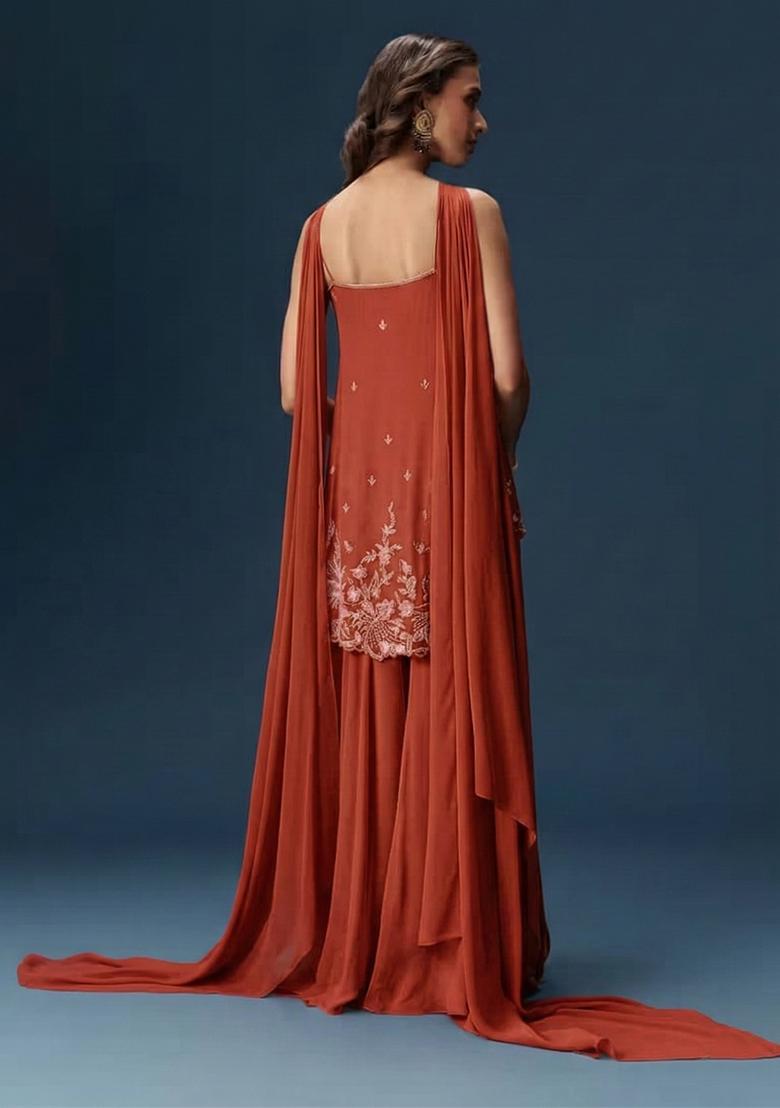 Vermilion&nbsp;Brown Georgette Handwork Sharara Set - Indya