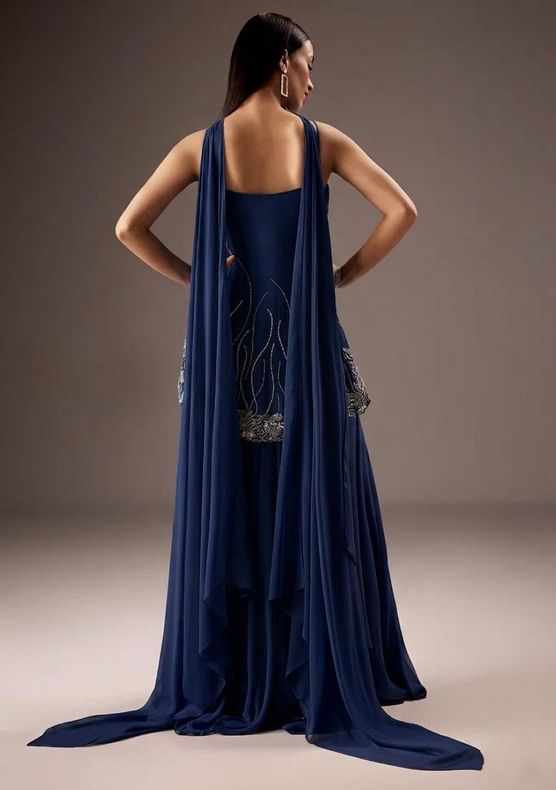 Midnight Blue Georgette Handwork Fusion Set - Indya