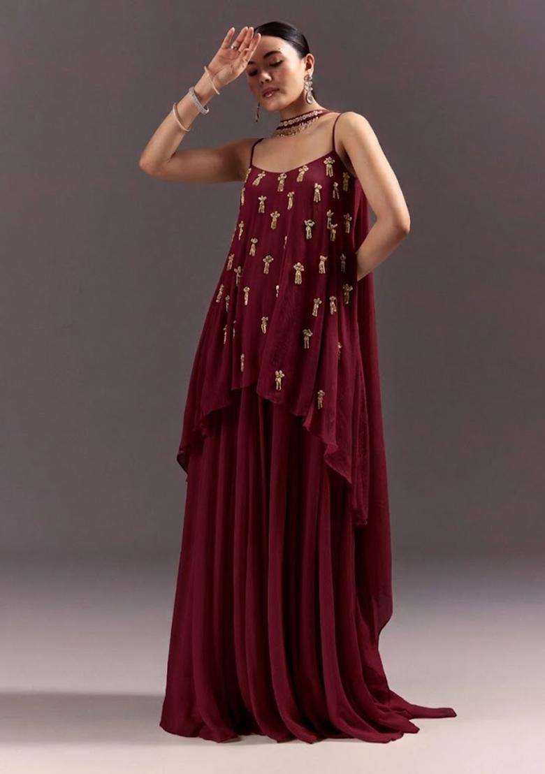 Maroon Chinon Handwork Fusion Set - Indya