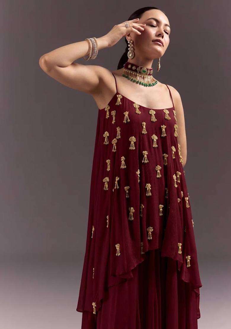 Maroon Chinon Handwork Fusion Set - Indya