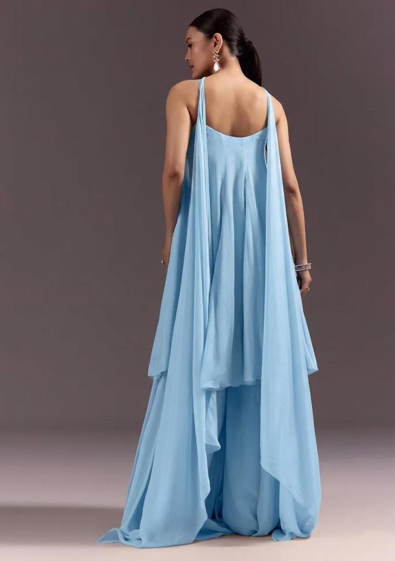 Sky Blue Chinon Handwork Fusion Set - Indya