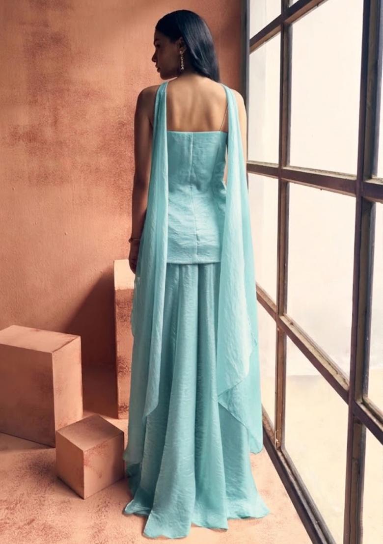 Blue Chinon Handwork Sharara Set - Indya