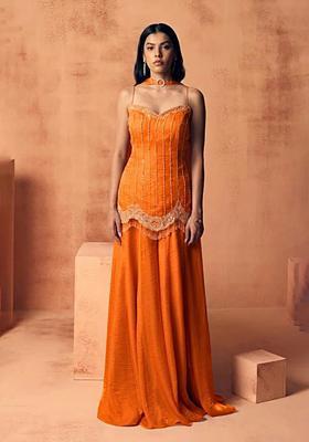 Orange Chinon Handwork Sharara Set