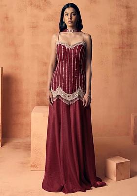 Brown Chinon Handwork Sharara Set