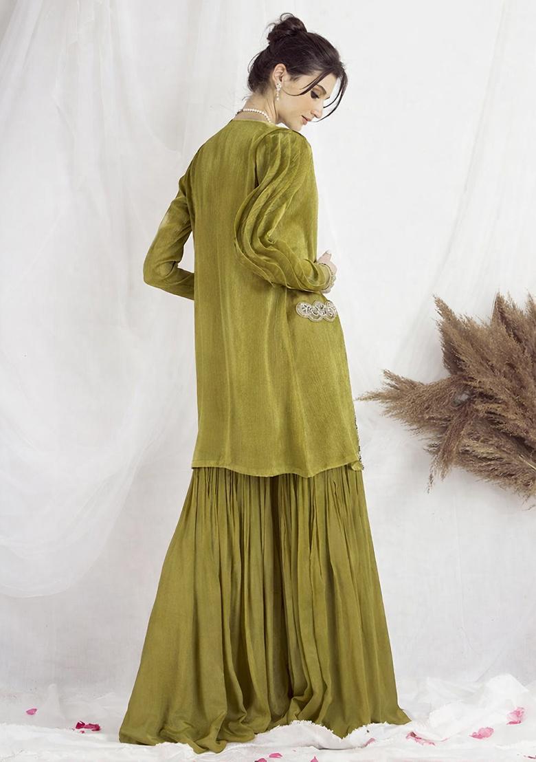 Olive Green Chinon Handwork Fusion Set - Indya