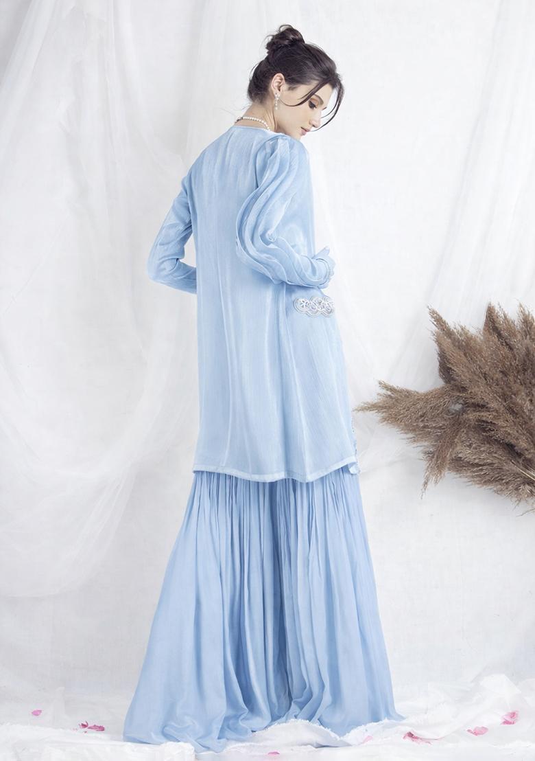Mist Blue Chinon Handwork Fusion Set - Indya
