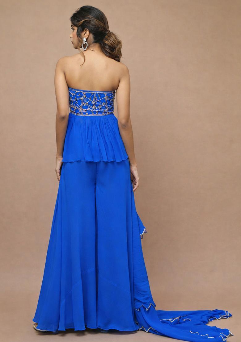 Royal Blue Georgette Handwork Sharara Set - Indya