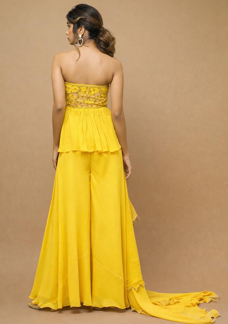 Yellow Georgette Handwork Sharara Set - Indya