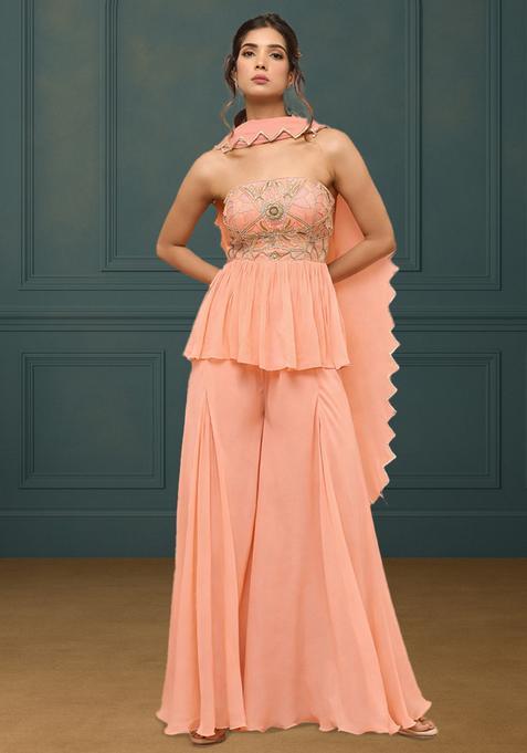 Peach Georgette Handwork Sharara Set
