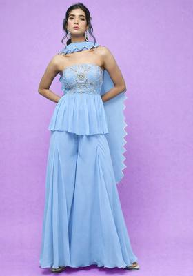 Pastel Blue Georgette Handwork Sharara Set
