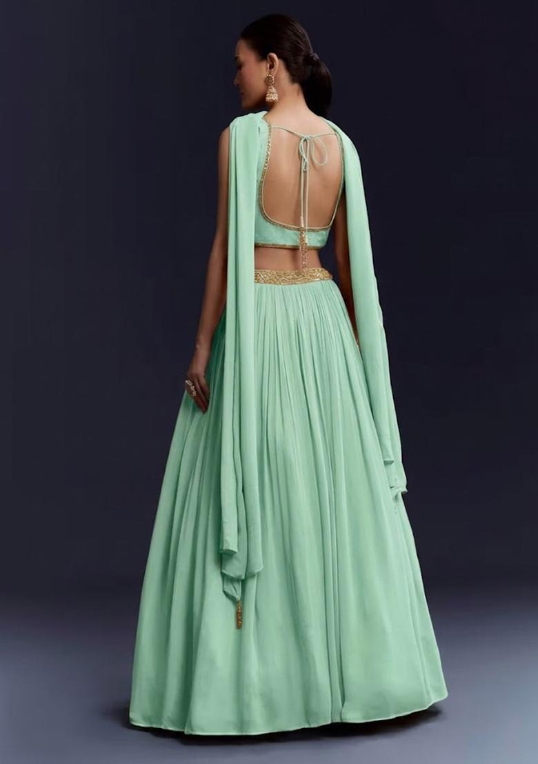 Mint Green Georgette Handwork Lehenga Set - Indya