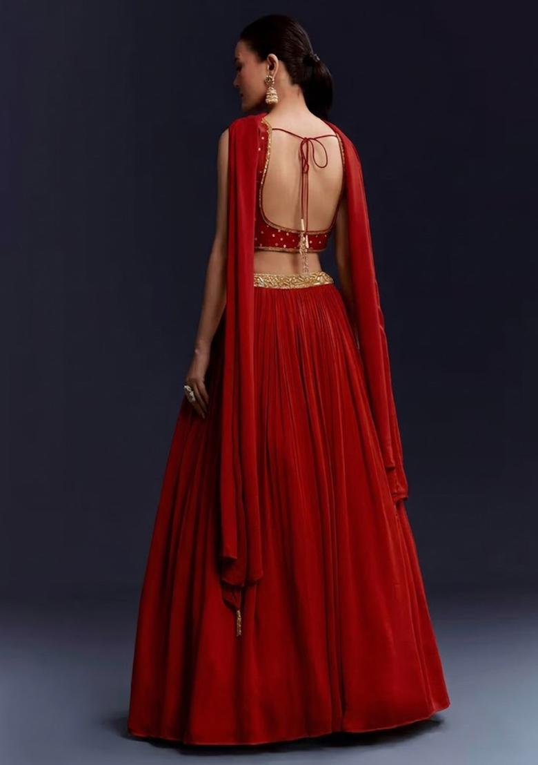 Red Georgette Handwork Lehenga Set - Indya