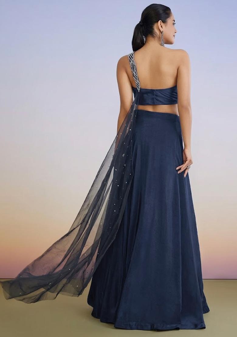 Midnight Blue Crepe Handwork Lehenga Set - Indya
