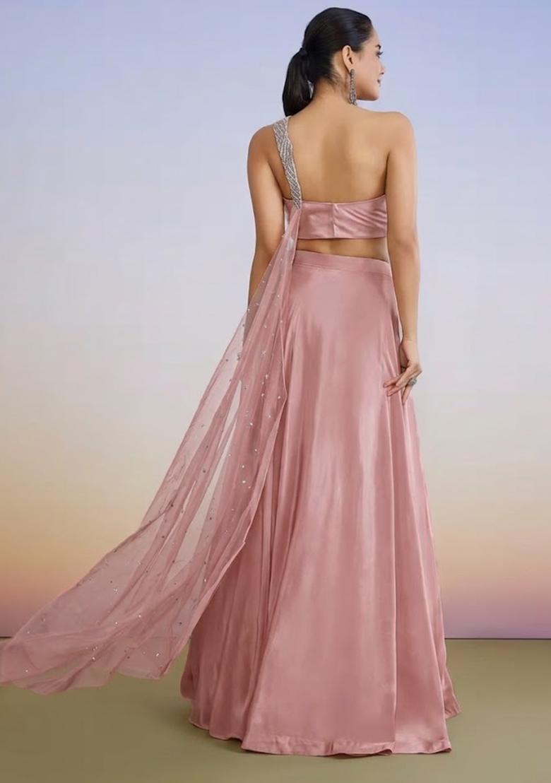 Pastel Pink Crepe Handwork Lehenga Set - Indya