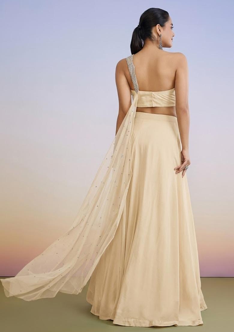 Cream Yellow Crepe Handwork Lehenga Set - Indya