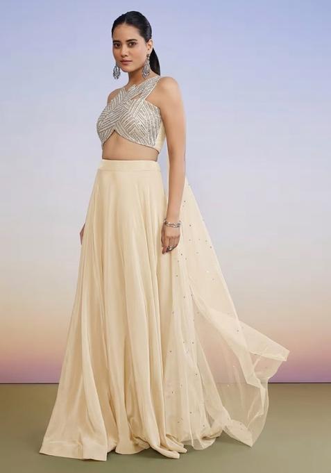 Cream Yellow Crepe Handwork Lehenga Set