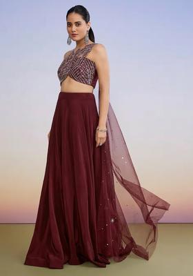 Maroon Crepe Handwork Lehenga Set