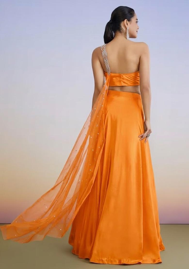 Orange Crepe Handwork Lehenga Set - Indya