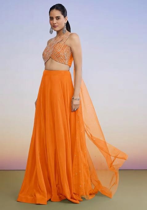 Orange Crepe Handwork Lehenga Set