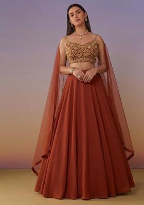 Burnt Orange Crepe Handwork Lehenga Set