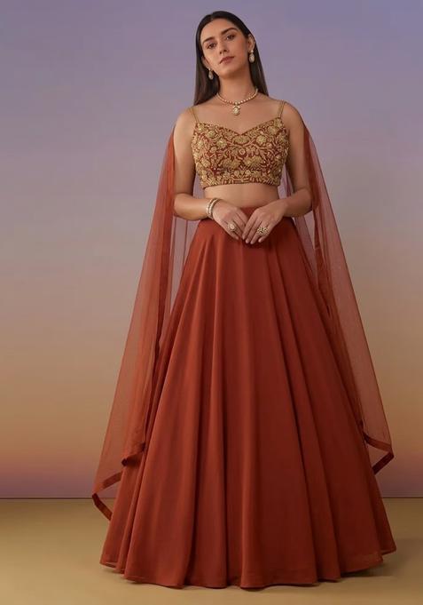 Burnt Orange Crepe Handwork Lehenga Set
