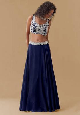 Navy Blue Chinon Handwork Lehenga Set