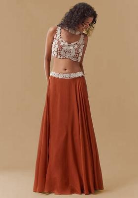 Rust Chinon Handwork Lehenga Set