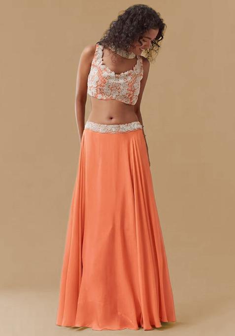 Coral Orange Chinon Handwork Lehenga Set