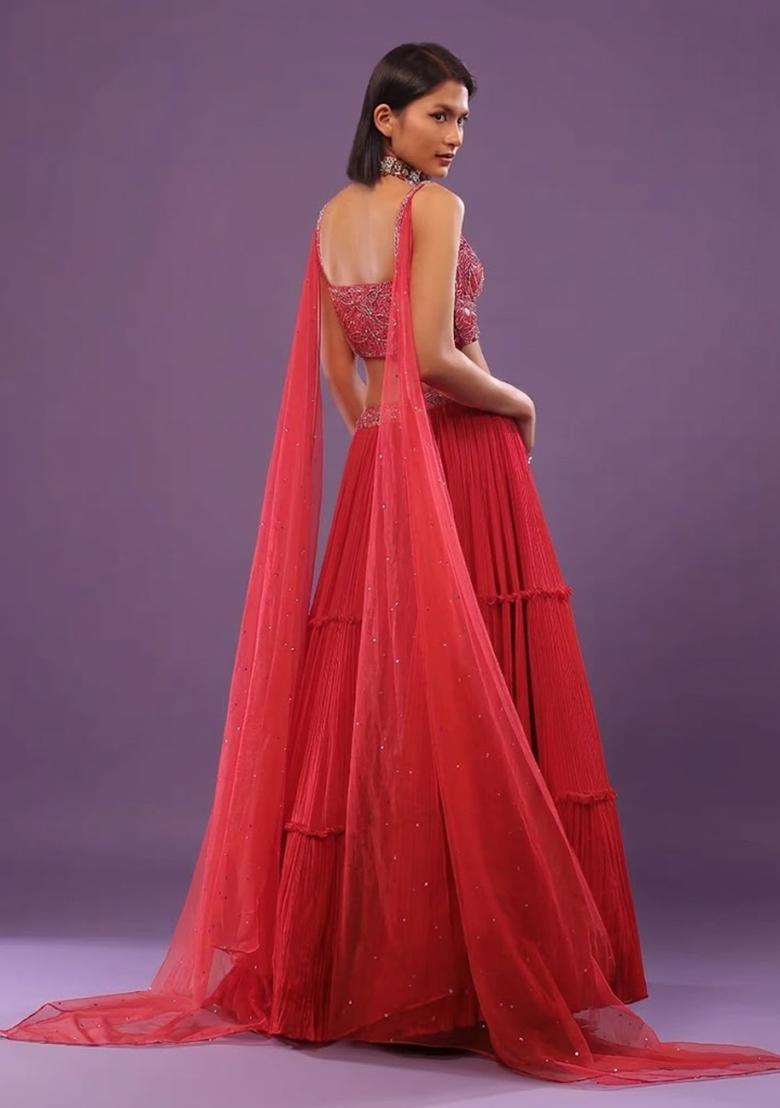 Pink Chiffon Handwork Lehenga Set - Indya