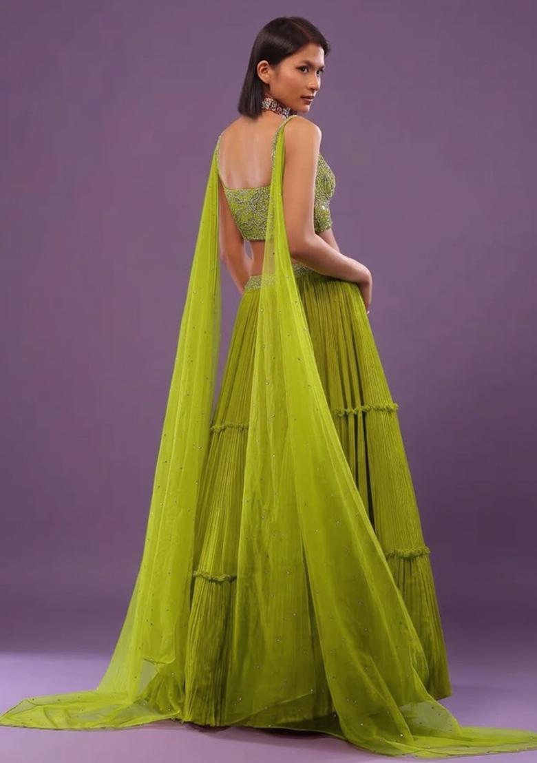 Lime Green Chiffon Handwork Lehenga Set - Indya