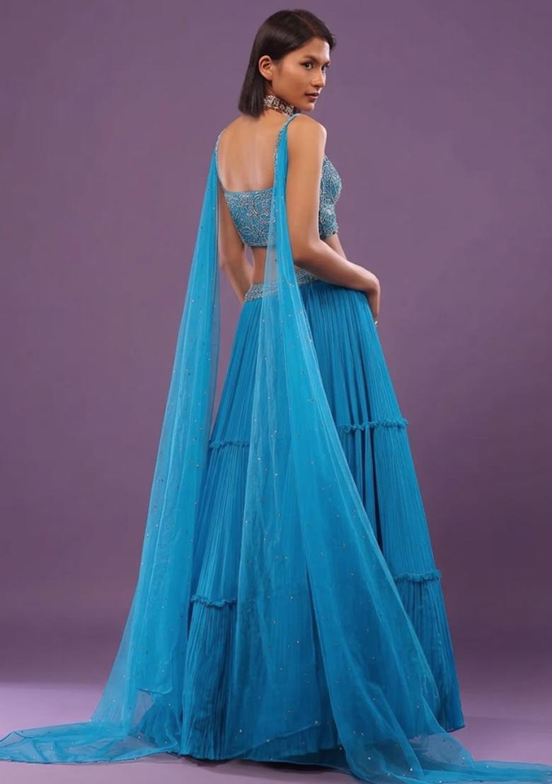 Blue Chiffon Handwork Lehenga Set - Indya