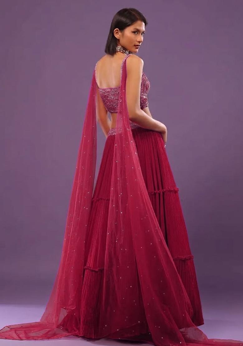 Hot Pink Chiffon Handwork Lehenga Set - Indya