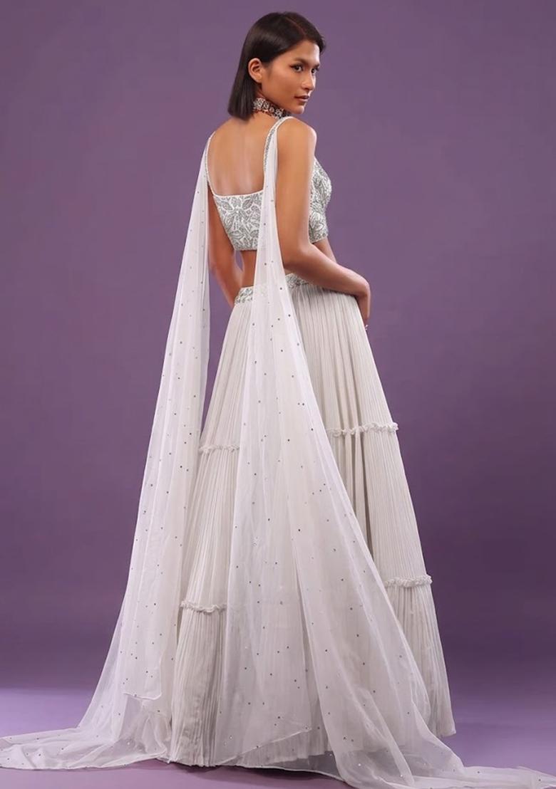 White Chiffon Handwork Lehenga Set - Indya