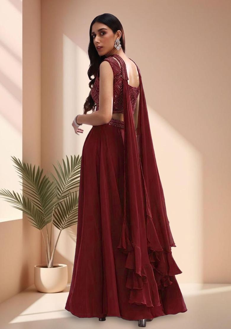 Red Crepe Handwork Lehenga Set - Indya