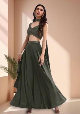 Olive Green Crepe Handwork Lehenga Set