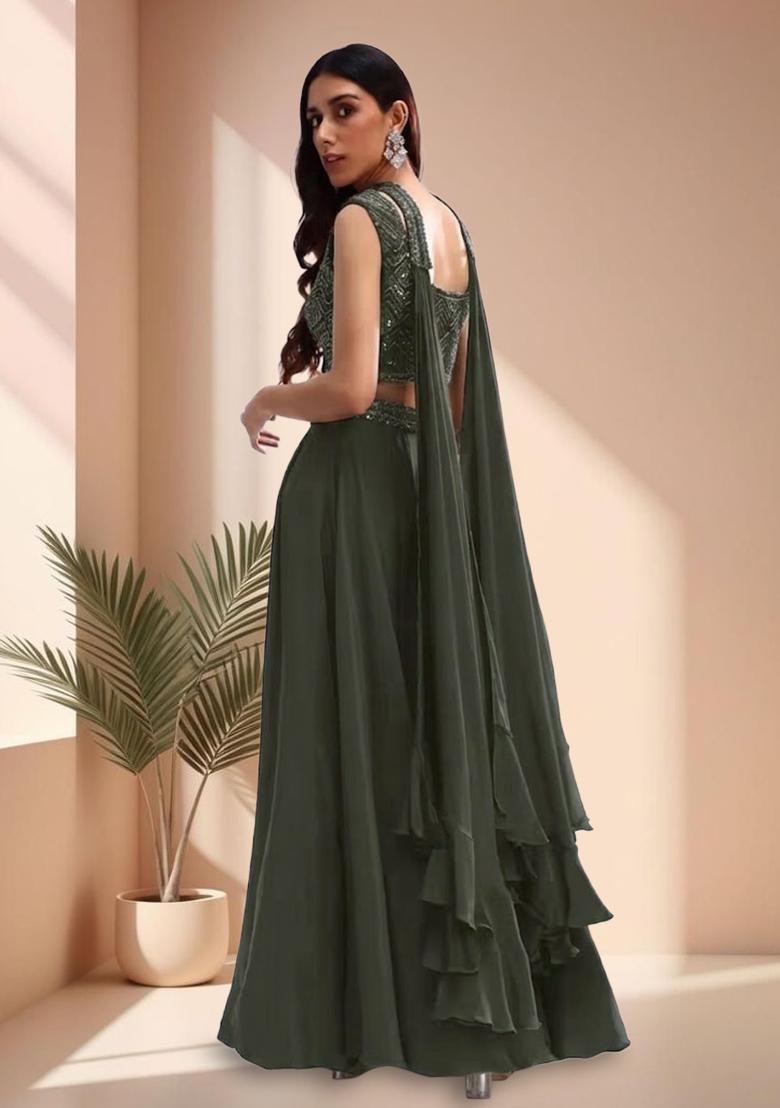 Olive Green Crepe Handwork Lehenga Set - Indya