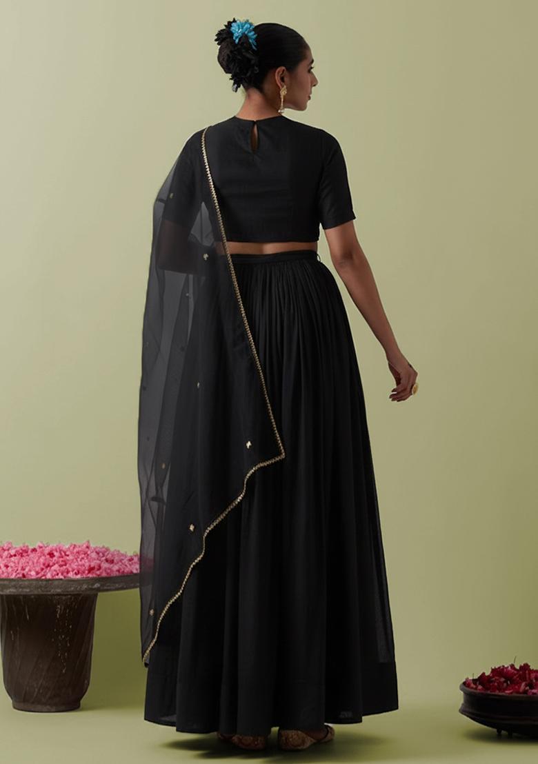 Black Crepe Handwork Lehenga Set - Indya