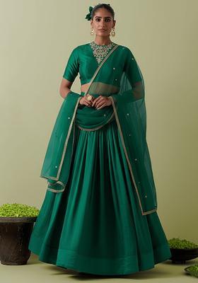 Bottle Green Crepe Handwork Lehenga Set