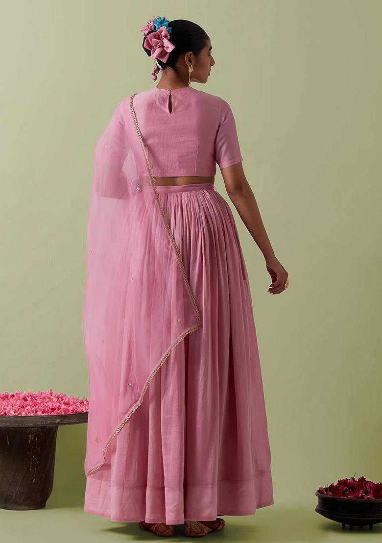 Soft Pink Crepe Handwork Lehenga Set - Indya