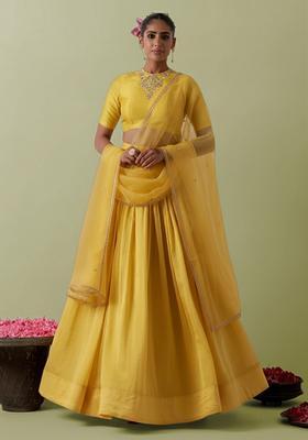 Yellow Crepe Handwork Lehenga Set