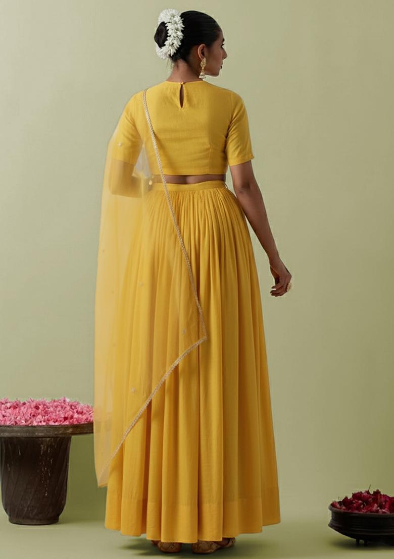 Yellow Crepe Handwork Lehenga Set - Indya