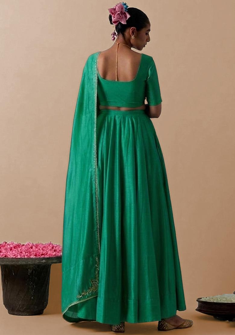 Green Silk Blend Handwork Lehenga Set - Indya