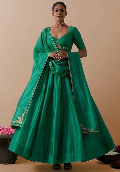 Green Silk Blend Handwork Lehenga Set