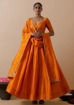 Orange Silk Blend Handwork Lehenga Set