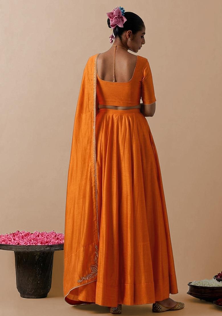 Orange Silk Blend Handwork Lehenga Set - Indya