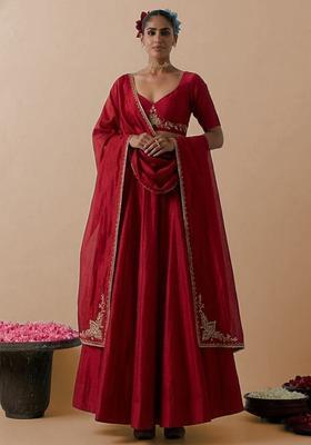 Red Silk Blend Handwork Lehenga Set