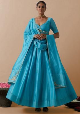 Sky Blue Silk Blend Handwork Lehenga Set