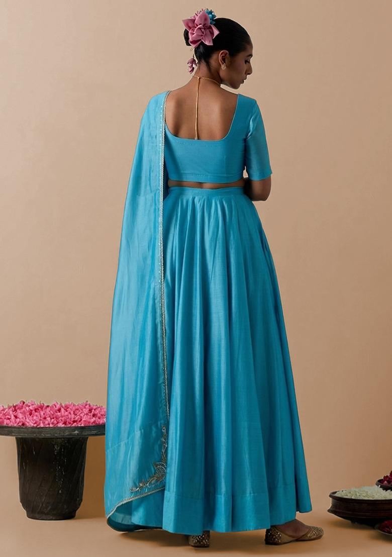 Sky Blue Silk Blend Handwork Lehenga Set - Indya