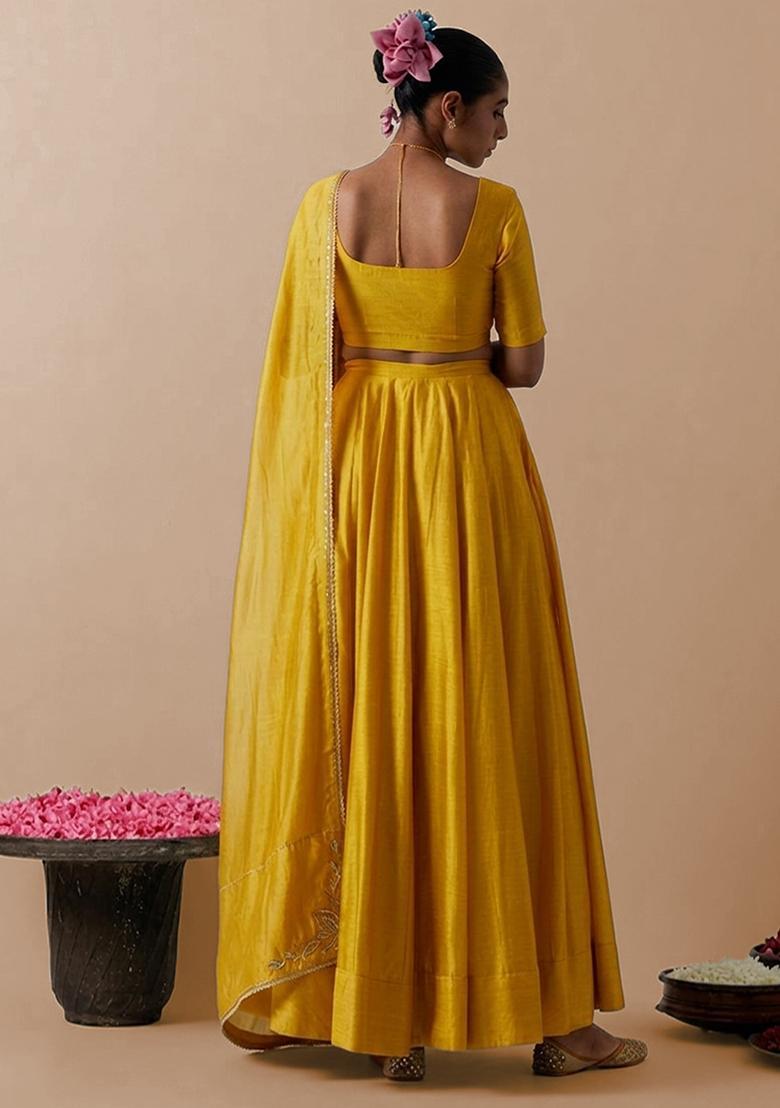 Yellow Silk Blend Handwork Lehenga Set - Indya