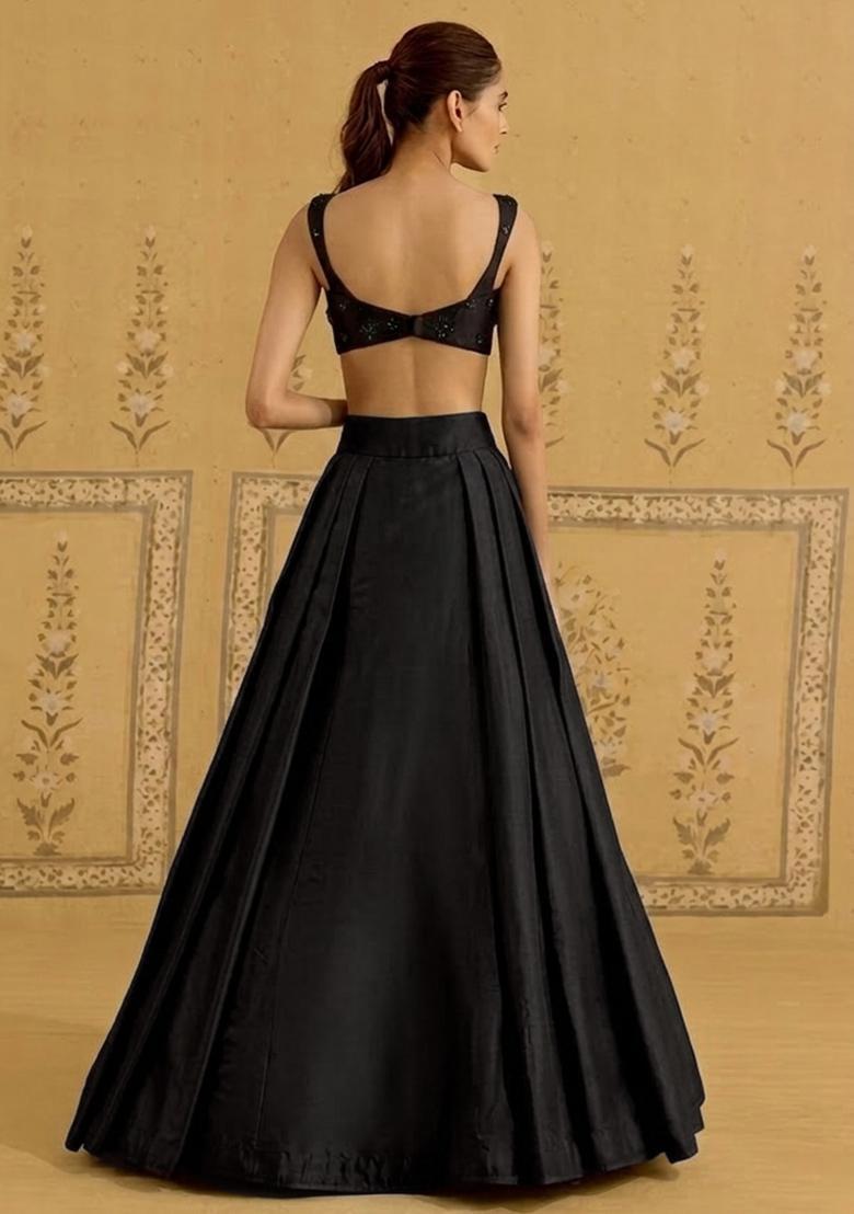 Black Silk Blend Handwork Lehenga Set - Indya